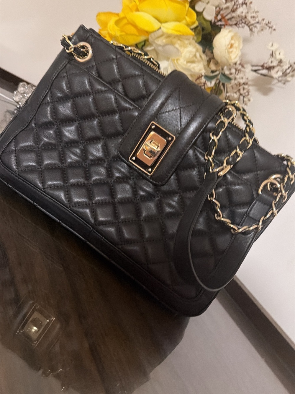 & Other Stories Black Quilted Shoulder Bag with Gold Chain